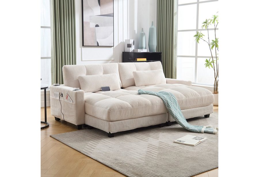 KLAM HOME Schlafsofa Ecksofa Palmensessel Relaxsofa Polstermöbel mit 2Becherhaltern&USB, mit eine Seitentaschen, Cordstoff, Sitzsack mit rollenden polstern, Perfekt für Wohnzimmer, Schlafzimmer, Jugendzimmer, Gästezimmer