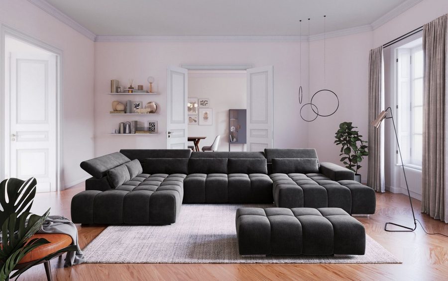 COTTA Wohnlandschaft Orion U-Form XXL, B: 409 cm, bequeme Wellenunterfederung, top modern, mit Kopfteilverstellung & 6 Nierenkissen
