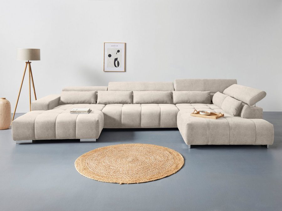 COTTA Wohnlandschaft Orion U-Form XXL, B: 409 cm, bequeme Wellenunterfederung, top modern, mit Kopfteilverstellung & 6 Nierenkissen