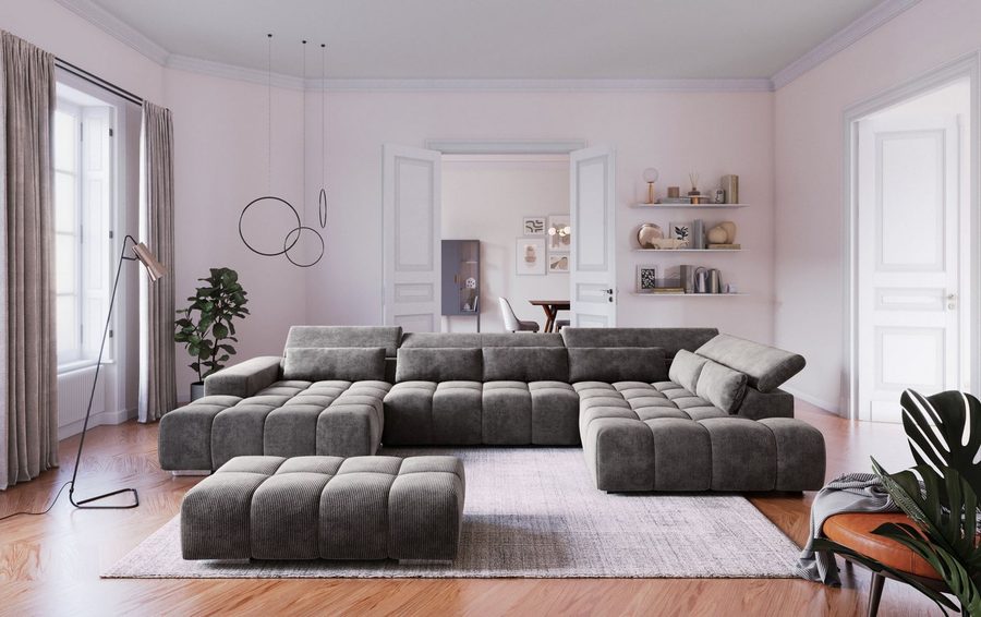 COTTA Wohnlandschaft Orion U-Form XXL, B: 409 cm, bequeme Wellenunterfederung, top modern, mit Kopfteilverstellung & 6 Nierenkissen