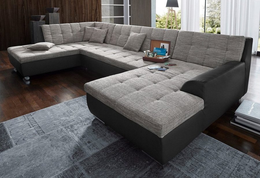 DOMO collection Wohnlandschaft TREVISO inkl. Zierkissen, moderne Steppung, XXL: 364x201x83 cm, wahlweise mit Bettfunktion, in vielen Bezugsarten auch in Cord U-Form