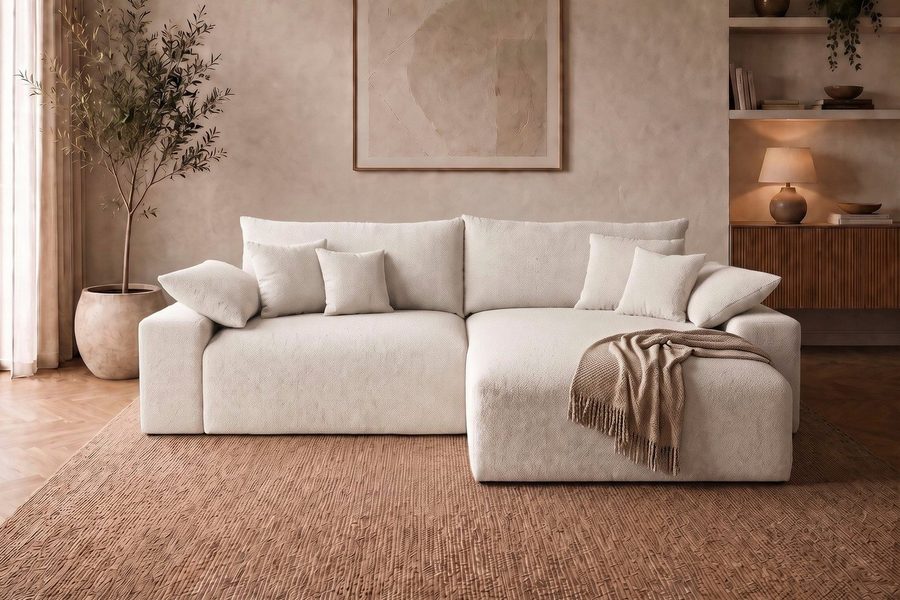 OTTO home Ecksofa Amici L-Form, B: 302 cm, Mega-Sofa in Boucle und Cord, Couch mit Federkern & 6 Zierkissen, frei stellbar