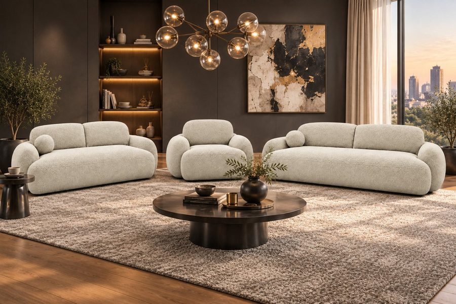M-Punkt24 Sofa Sofa - Set VERONA 3-2-1 mit Bettfunktion BUBBLE SOFA, Set, Creme, mit Bettfunktion, BOUCLE, Edel, Luxus, Glamour, Hohe Qualität, Made in Europe, mit Federkern, HR-Schaum, dicke HR-Schaum-Polsterung