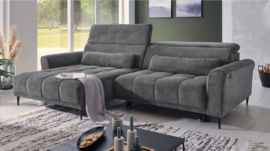 Massivart® Ecksofa Cord 277 cm / Cordsofa LOGAN / Sitztiefenverstellung / Nosagfederung, Kopfteilverstellung · Rücken echt bezogen · 2 Nierenkissen