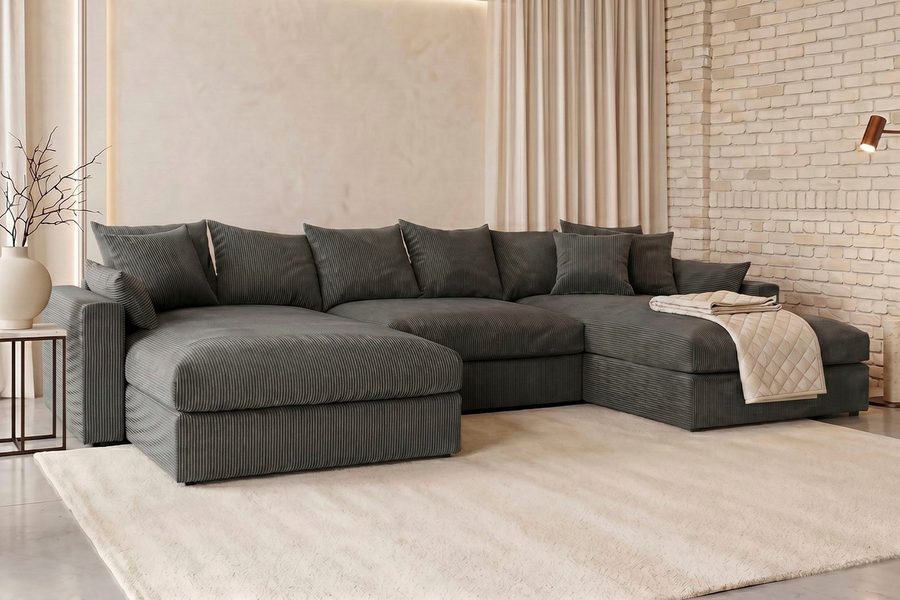 OTTO home Wohnlandschaft Cosy Lounge U-Form, Breite 385 cm, Mega-Sofa mit Cordstoff bezogen, mit Federkern & 5 Zierkissen
