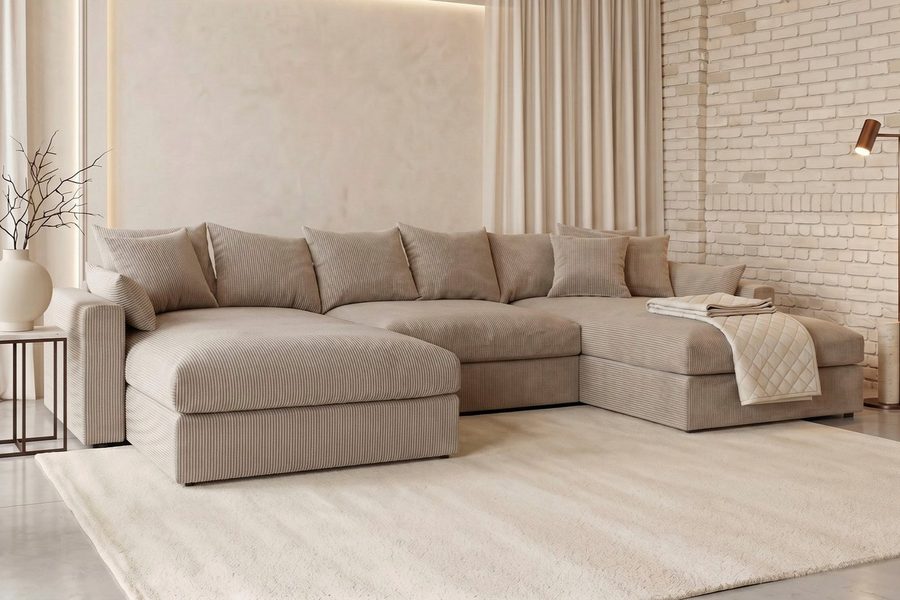 OTTO home Wohnlandschaft Cosy Lounge U-Form, Breite 385 cm, Mega-Sofa mit Cordstoff bezogen, mit Federkern & 5 Zierkissen