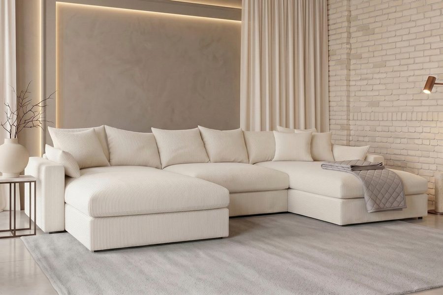 OTTO home Wohnlandschaft Cosy Lounge U-Form, Breite 385 cm, Mega-Sofa mit Cordstoff bezogen, mit Federkern & 5 Zierkissen