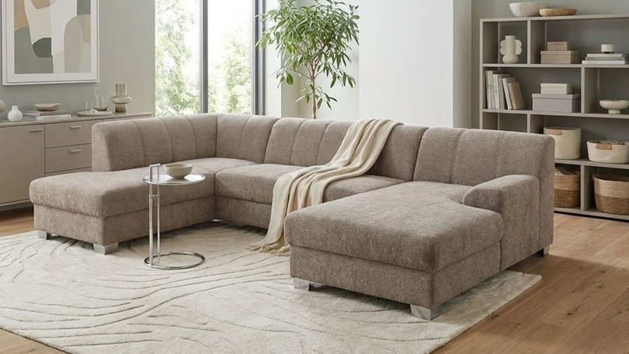OTTO home Wohnlandschaft Lolland 296 x 195 cm, modern, mit Steppungen, mittelfester Sitz, mit Schlaffunktion, U-Form, aus Pet Friendly Bezug