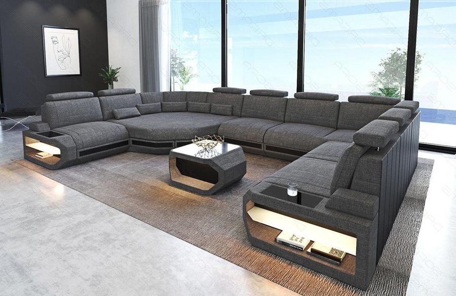 Sofa Dreams Wohnlandschaft Stoff Sofa Polster Couch Asti, Webstoff Strukturstoff, U Form Stoffsofa mit LED, USB-Anschluss, große Ecke, Designersofa