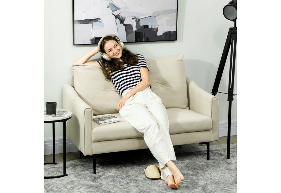 HOMCOM 2-Sitzer Sofa 124 cm Kleine Polstersofa Dick Gepolstert Samtoptik Getuftet, Couch 1 Teile, für Wohnzimmer, Schlafzimmer, Metallrahmen, Cremeweiß von HOMCOM