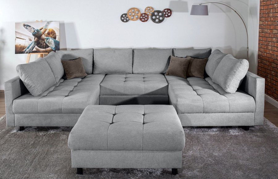 COLLECTION AB Wohnlandschaft Toni U-Form, B: 298 cm, XXL-Liegefläche 282x178 cm mit Hocker, Set: Sofa & Hocker, 3 Zierkissen, Federkern