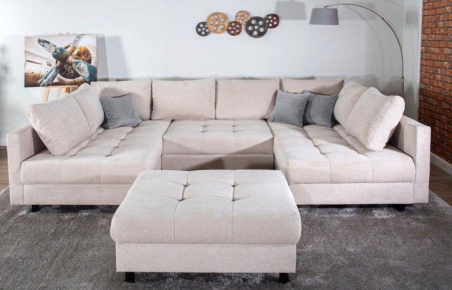 COLLECTION AB Wohnlandschaft Toni U-Form, B: 298 cm, XXL-Liegefläche 282x178 cm mit Hocker, Set: Sofa & Hocker, 3 Zierkissen, Federkern