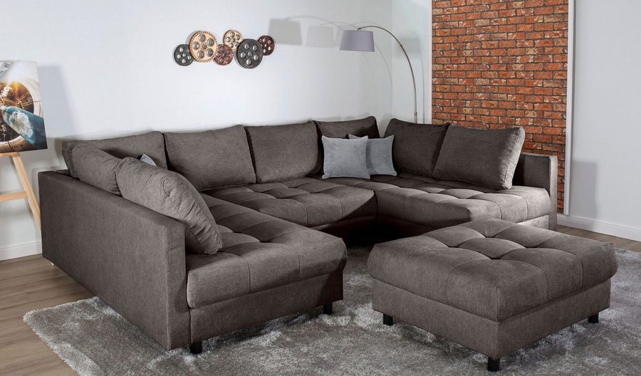 COLLECTION AB Wohnlandschaft Toni U-Form, B: 298 cm, XXL-Liegefläche 282x178 cm mit Hocker, Set: Sofa & Hocker, 3 Zierkissen, Federkern