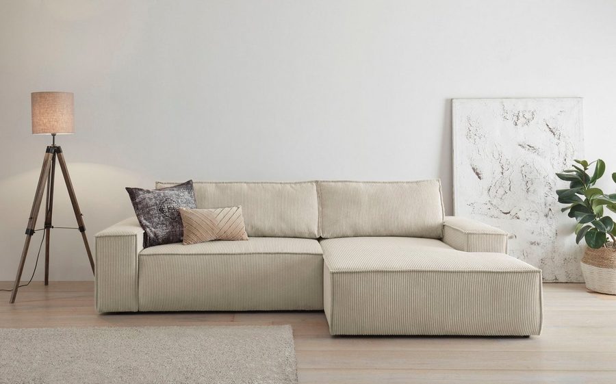 OTTO home Ecksofa SHERWOOD Cord L-Form, 267 cm - OTTO. Verlässliche Qualität., Schlaffunktion mit Bettkasten (210x136 cm), Cord, Vintage, Samtvelours