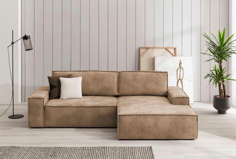 OTTO home Ecksofa SHERWOOD Vintage Lederoptik L-Form, 267 cm, Schlaffunktion mit Bettkasten (210x136 cm), Cord, Vintage, Samtvelours