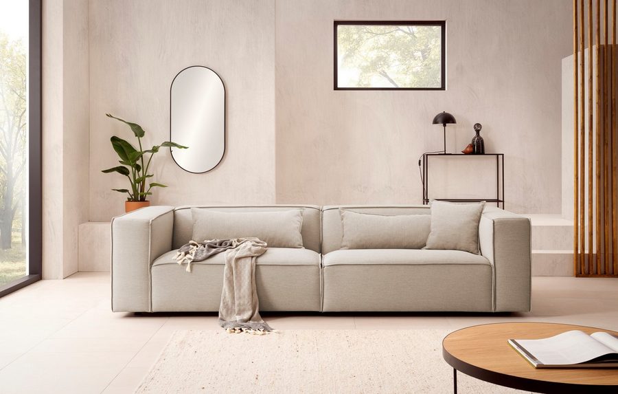 LeGer Home by Lena Gercke 3-Sitzer PIARA Leinenoptik, Couch mit Kedernaht, schwarze Füße, bequemer Sitzkomfort