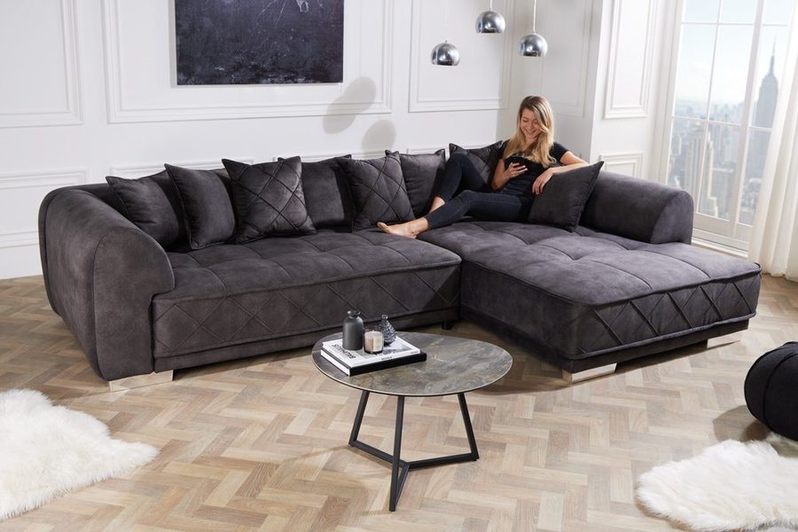 riess-ambiente Big-Sofa DECADENCIA 320cm dunkelgrau · XXL Couch aus Samt inkl. 8 Kissen, Einzelartikel 1 Teile, Sofa in L-Form · Ottomane beidseitig montierbar · Modern Design · FSC