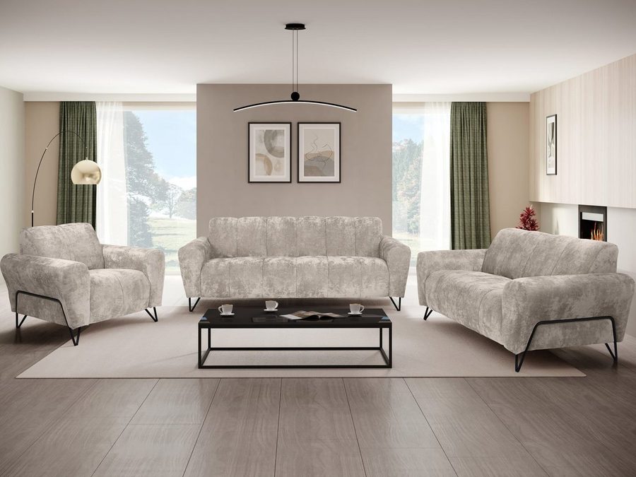 Beautysofa Polstergarnitur VOLARE Modernes Sofa Set mit 3-Sitzer, 2-Sitzer & Sessel, (hochwertige Couchgarnitur für Wohnzimmer & Salon, Design Polstermöbel im modernen Stil), schwarze Metallbeine