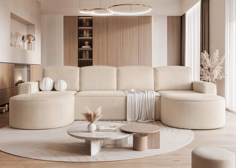 yourhouse24 Wohnlandschaft XXL U-Sofa SOFIA U in organischem Design, mit Schlaffunktion und Bettkasten, Seite universal