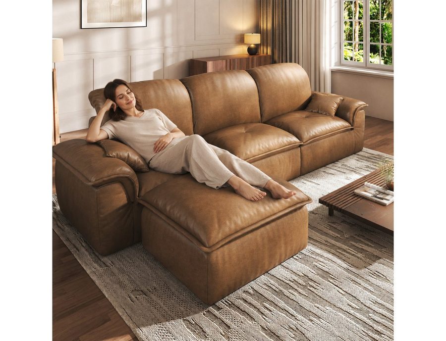 Patbrela Ecksofa 3-Sitzer mit Longchair, Weiches Lederoptik Sofa für Wohnzimmer, Keine Montage erforderlich