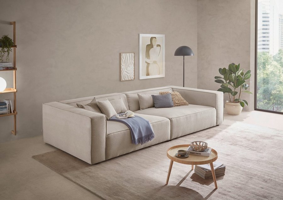 LeGer Home by Lena Gercke 3-Sitzer PIARA XXL Struktur u. Leinenoptik, Sofa mit Kedernaht, schwarze Füße, bequemer Sitzkomfort, extra tiefe Sitzfläche