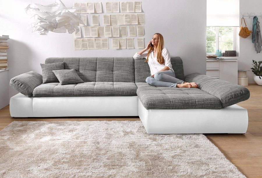 DOMO collection Ecksofa MORIC 300x172 cm, XXL-Sofa mit viel Platz, L-Form, auch in Cord, wahlweise mit Bettfunktion und Armteilverstellung, weiß-grau