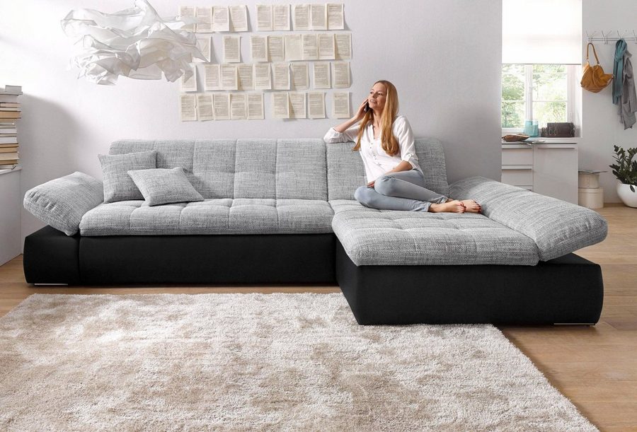 DOMO collection Ecksofa MORIC 300x172 cm, XXL-Sofa mit viel Platz, L-Form, auch in Cord, wahlweise mit Bettfunktion und Armteilverstellung, schwarz-silber