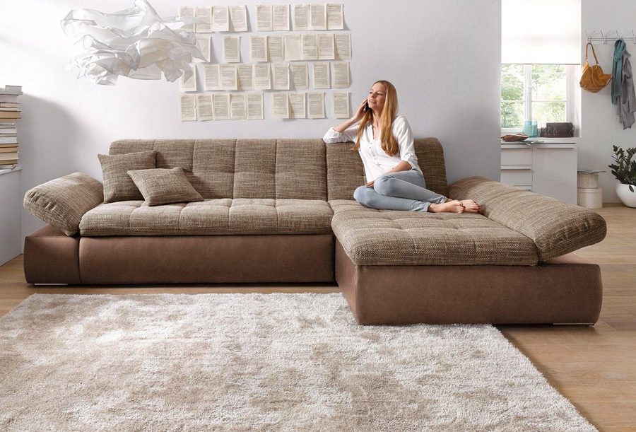 DOMO collection Ecksofa MORIC 300x172 cm, XXL-Sofa mit viel Platz, L-Form, auch in Cord, wahlweise mit Bettfunktion und Armteilverstellung, beige-braun
