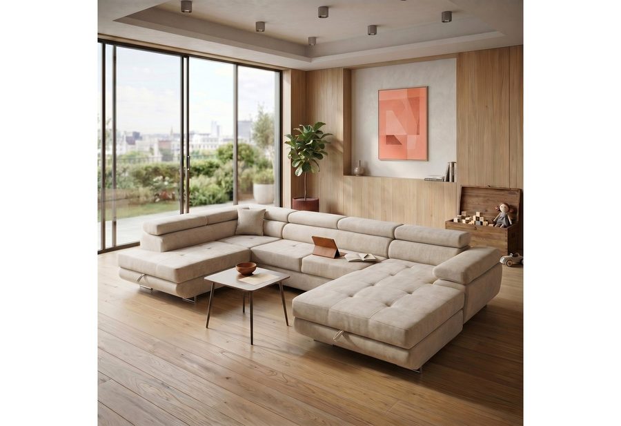 Muffo Ecksofa WILD U, Verstellbare Kopfstützen, elegante Metallbeine, 2 Bettzeugkasten, gelegentliche Schlaffunktion