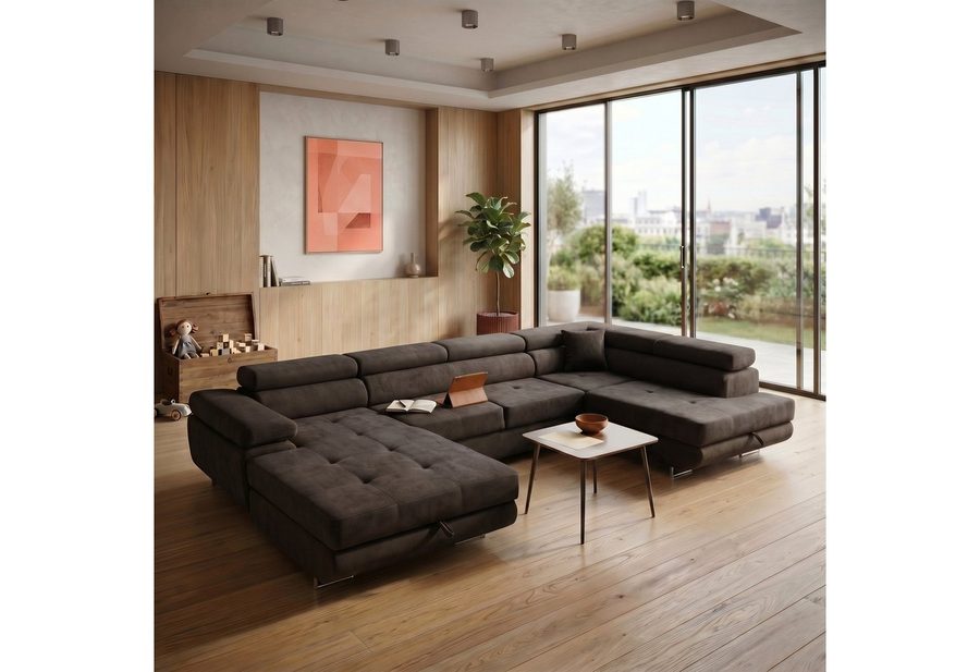 Muffo Ecksofa WILD U, Verstellbare Kopfstützen, elegante Metallbeine, 2 Bettzeugkasten, gelegentliche Schlaffunktion