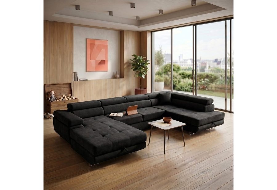 Muffo Ecksofa WILD U, Verstellbare Kopfstützen, elegante Metallbeine, 2 Bettzeugkasten, gelegentliche Schlaffunktion