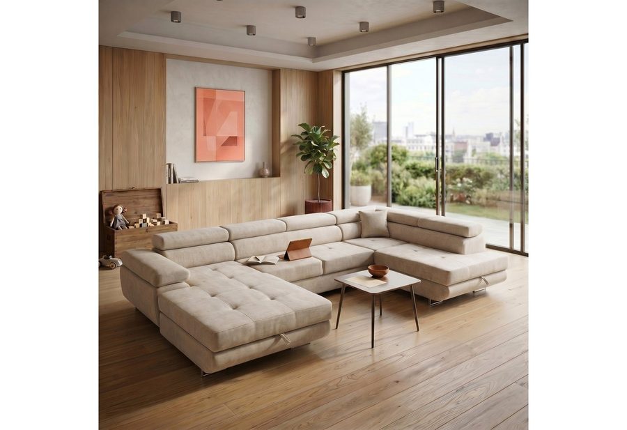 Muffo Ecksofa WILD U, Verstellbare Kopfstützen, elegante Metallbeine, 2 Bettzeugkasten, gelegentliche Schlaffunktion