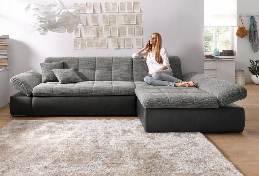 DOMO collection Ecksofa MORIC 300x172 cm, XXL-Sofa mit viel Platz, L-Form, auch in Cord, wahlweise mit Bettfunktion und Armteilverstellung, schwarz-weiß-grau