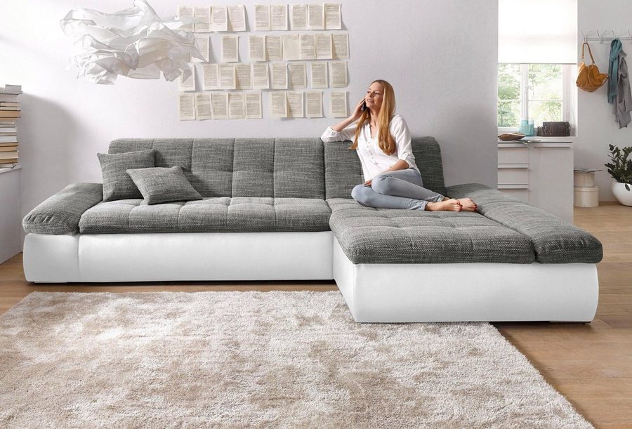 DOMO collection Ecksofa MORIC 300x172 cm, XXL-Sofa mit viel Platz, L-Form, auch in Cord, wahlweise mit Bettfunktion und Armteilverstellung, weiß-grau