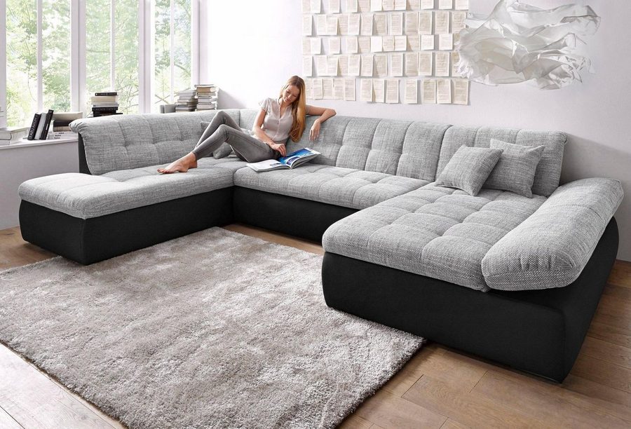 DOMO collection Wohnlandschaft MORIC 353x216x80 cm, mit viel Platz, U-Form, auch in Cord, im XXL-Format, wahlweise mit Bettfunktion und Armlehnenverstellung