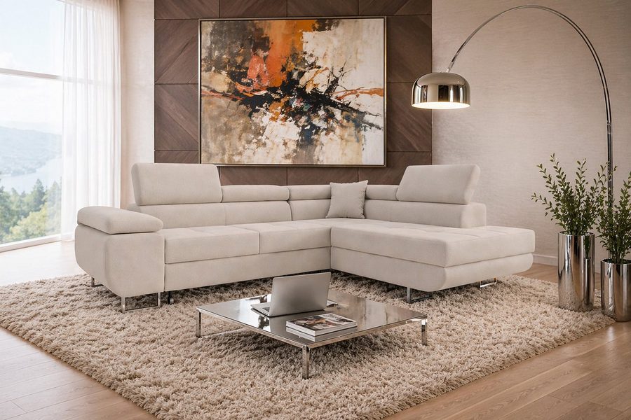 M-Punkt24 Ecksofa DUBAI, Samtstoff, Ottomane rechts oder links, Kopfteilverstellung, Bettkasten