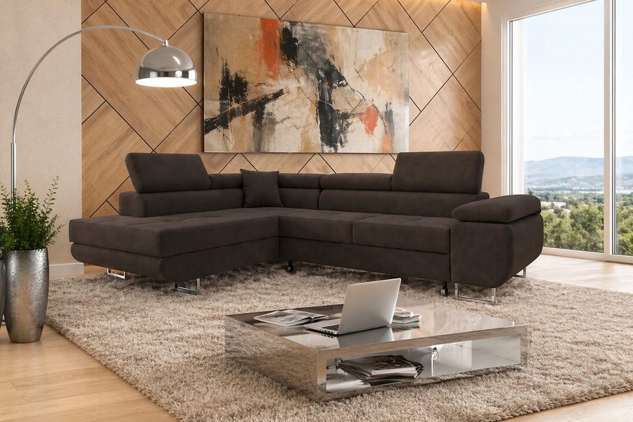 M-Punkt24 Ecksofa DUBAI, Samtstoff, Ottomane rechts oder links, Kopfteilverstellung, Bettkasten