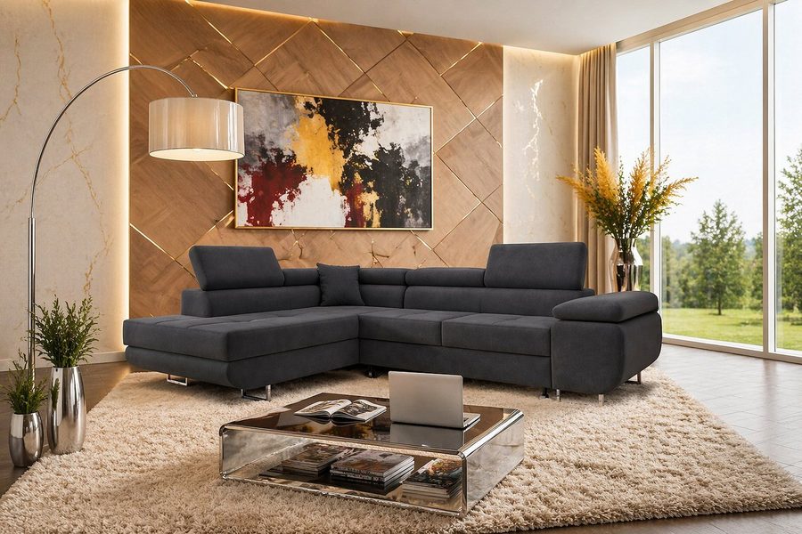 M-Punkt24 Ecksofa DUBAI, Samtstoff, Ottomane rechts oder links, Kopfteilverstellung, Bettkasten