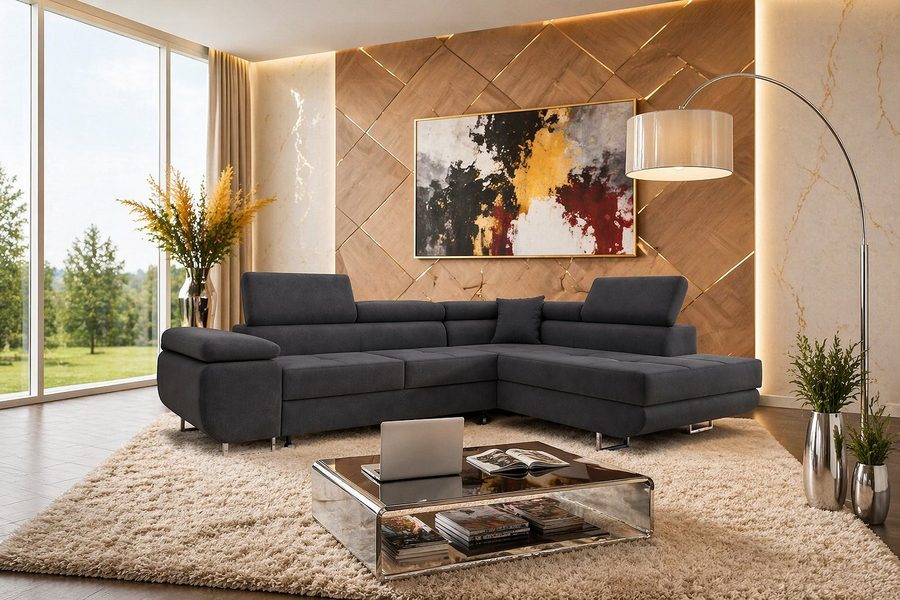 M-Punkt24 Ecksofa DUBAI, Samtstoff, Ottomane rechts oder links, Kopfteilverstellung, Bettkasten
