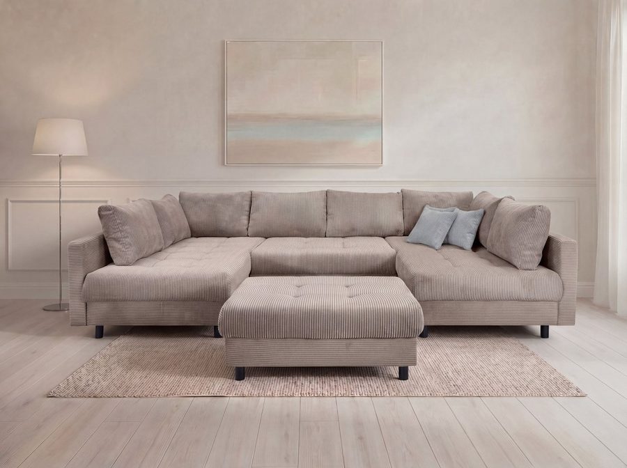 OTTO home Wohnlandschaft Antonia U-Form, B: 298 cm, inkl. Hocker, Federkernpolsterung, extra große Liegefläche, 282x178cm, inkl. 3 Zierkissen