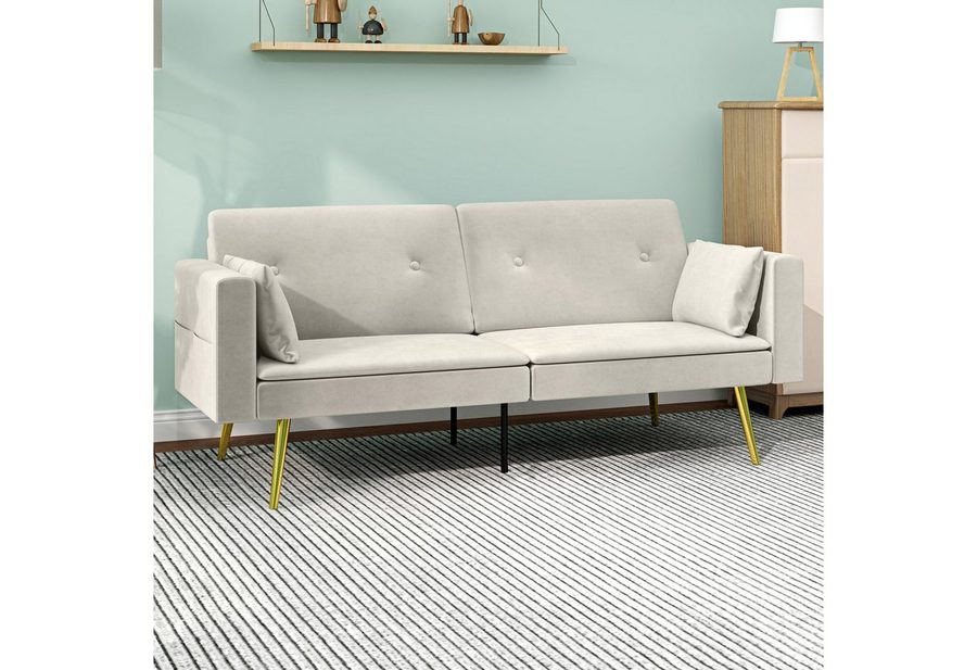 HOMCOM Schlafsofa Schlafcouch mit verstellbarer Rückenlehne, Seitentasche, Kissen, 2er-Sofa 1 Teile, für Wohnzimmer, Schlafzimmer, Beige von HOMCOM