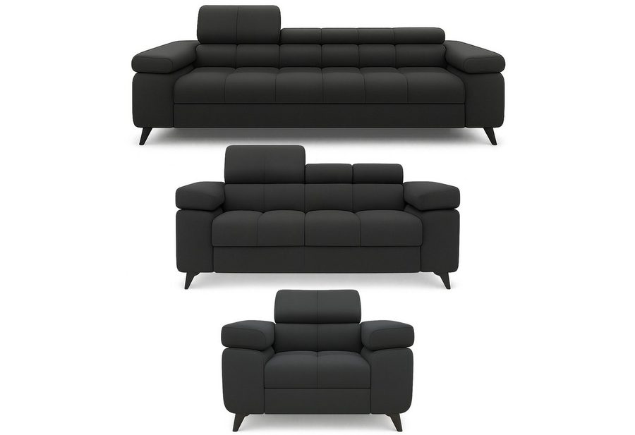 M-Punkt24 Polstergarnitur Sofa 3-2-1 mit Schlaffunktion, (Samtstoff Anthrazit Bigsofa, mit Kopfteilverstellung / Rückenverstellung), bestehend aus 3-Sitzer, 2-Sitzer, Sessel