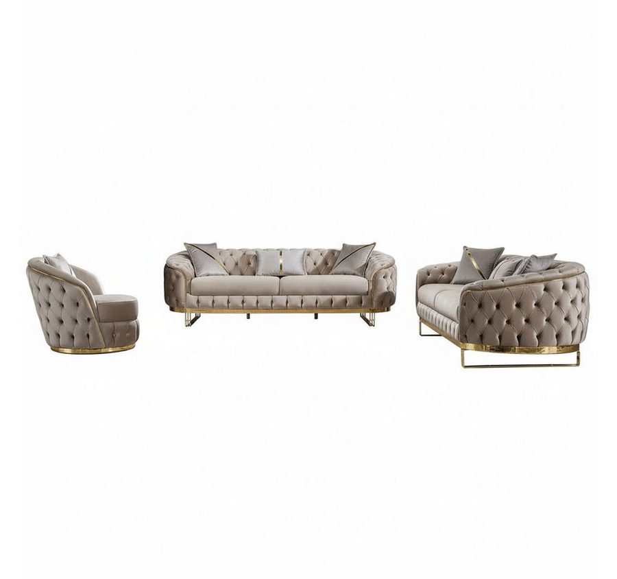 Palms-Store Sofa -Set MIRA mit Knopfheftung in 5 edlen Farbvarianten, 3-Sitzer + 3-Sitzer + Sessel