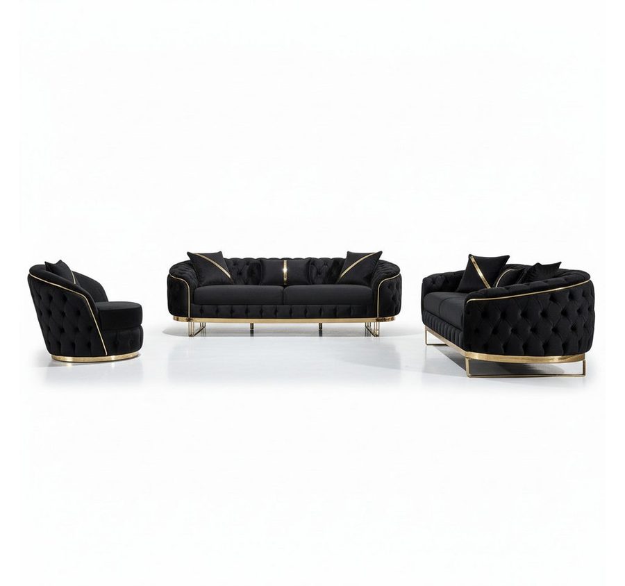 Palms-Store Sofa -Set MIRA mit Knopfheftung in 5 edlen Farbvarianten, 3-Sitzer + 3-Sitzer + Sessel