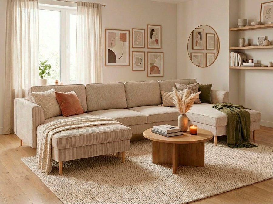 Home affaire Wohnlandschaft Booster, whlw. mit Schlaffunktion & Bettkasten, Fuß Buche lackiert, Sofa in U-Form, Breite 305 cm, in Cord oder Struktur
