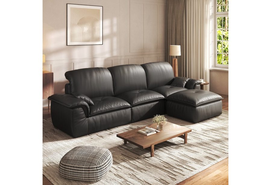 Patbrela Wohnlandschaft 3-Sitzer mit Longchair, Weiches Lederoptik Wolkensofa für Wohnzimmer, Vintage Sofa 280cm L-Form, Keine Montage erforderlich