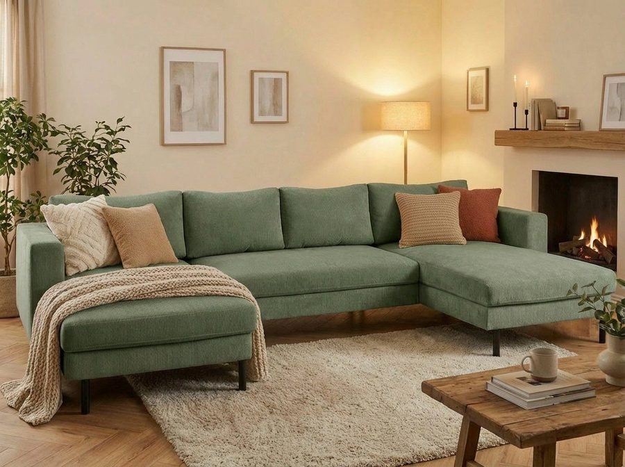 TRENDMANUFAKTUR Wohnlandschaft Amazing II, wahlw. mit Schlaffunktion & Bettkasten, Fuß schwarz, Sofa in U-Form, in Cord, Struktur LEO o. Struktur LINO, Breite 305 cm