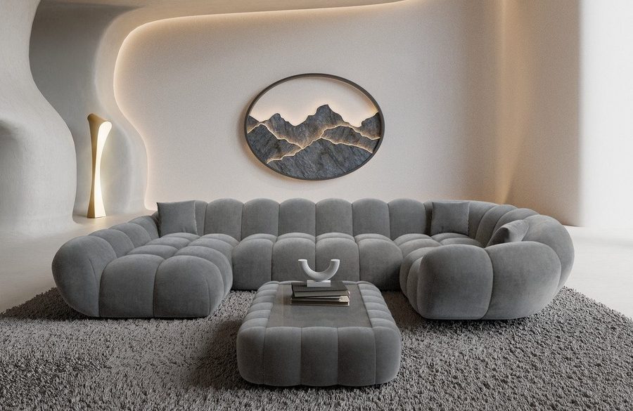 Sofa Dreams Wohnlandschaft Maleron U Form Design Stoffsofa, Stoff Polsterecke, 6-Sitzer, Ottomane links, Samtstoff Dunkelgrau