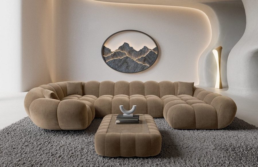 Sofa Dreams Wohnlandschaft Maleron U Form Design Stoffsofa, Stoff Polsterecke, 6-Sitzer, Ottomane rechts, Samtstoff Braun