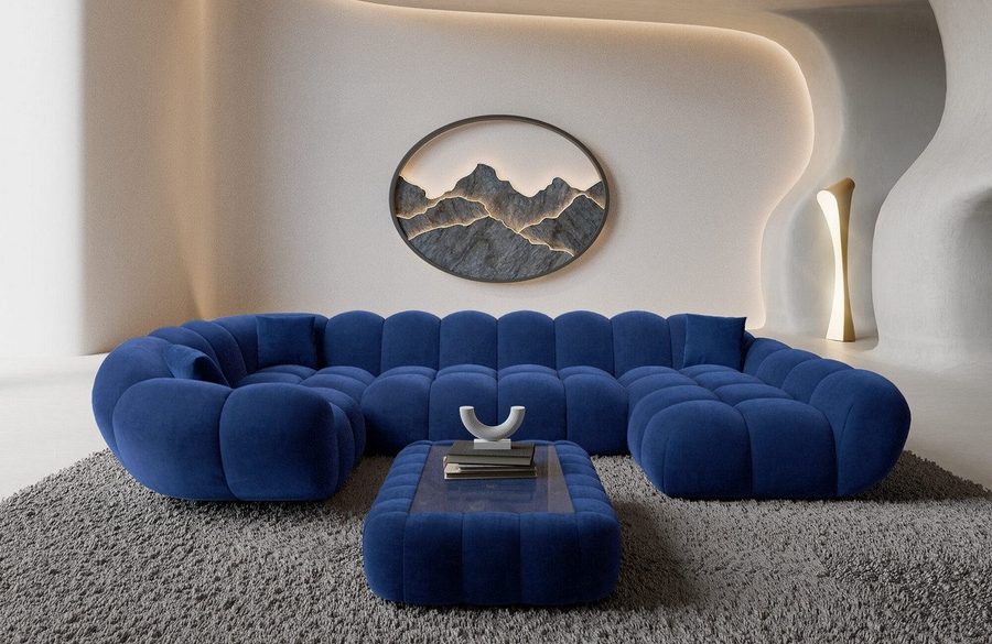 Sofa Dreams Wohnlandschaft Maleron U Form Design Stoffsofa, Stoff Polsterecke, 6-Sitzer, Ottomane rechts, Samtstoff Dunkelblau